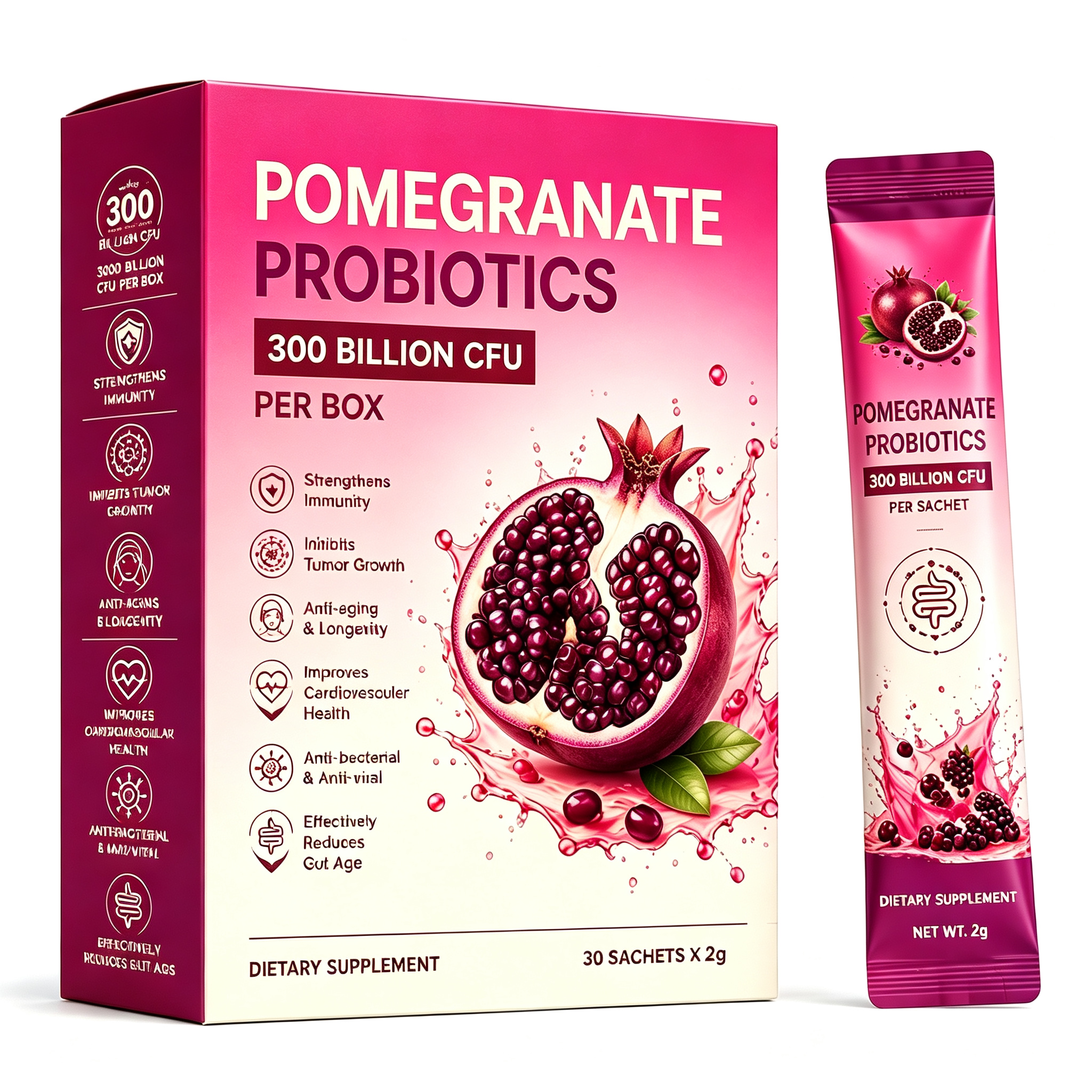 Pomegranate Probiotic Supplements with 300 Billion CFU for Gut Health, Immune Support, Antioxidant Wellness and Healthy Aging